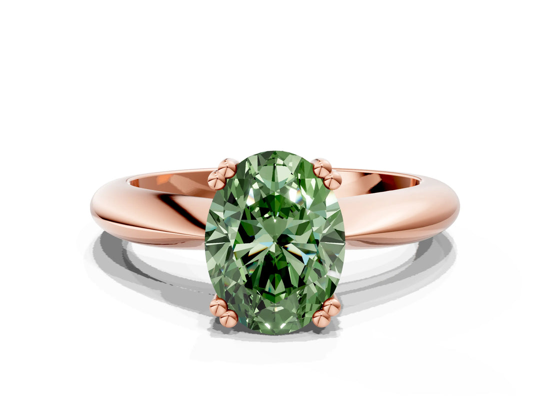 Rose gold Fancy Green Oval  Cut Solitaire Engagement Ring with Tapered Band and Four-Prong Setting
