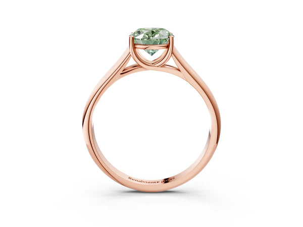 Rose gold Fancy Green Oval Cut Solitaire Engagement Ring with Tapered Band and Four-Prong Setting