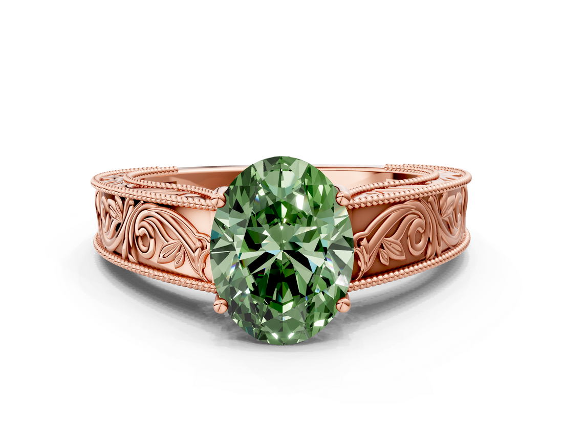Rose gold Fancy Green Oval  Cut Solitaire Engraved Band with Four-Prong Setting_62