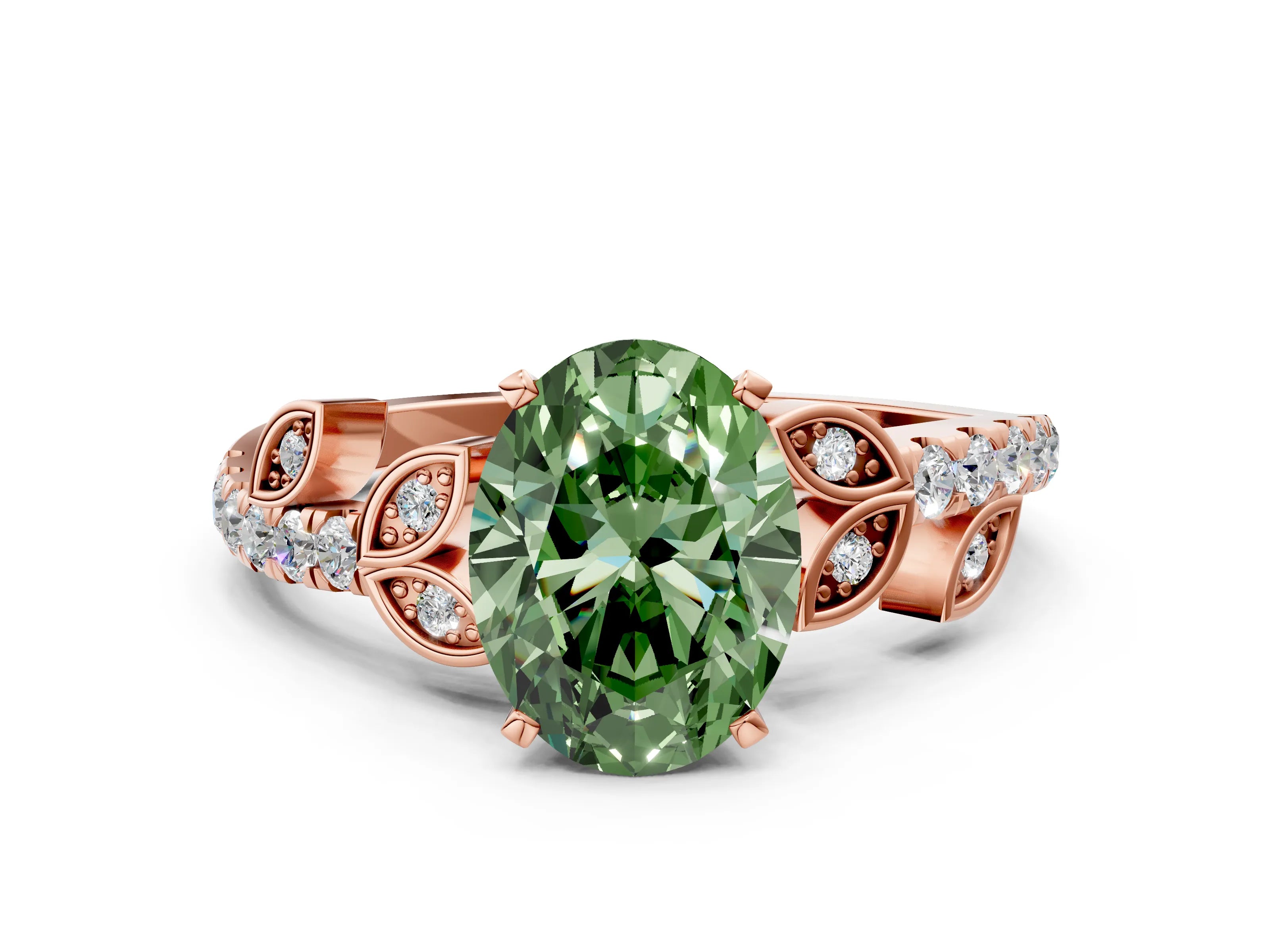 Rose gold Fancy Green Oval Cut Solitaire Leaf-Inspired Diamond Ring with Pavé Band and Four-Prong Setting