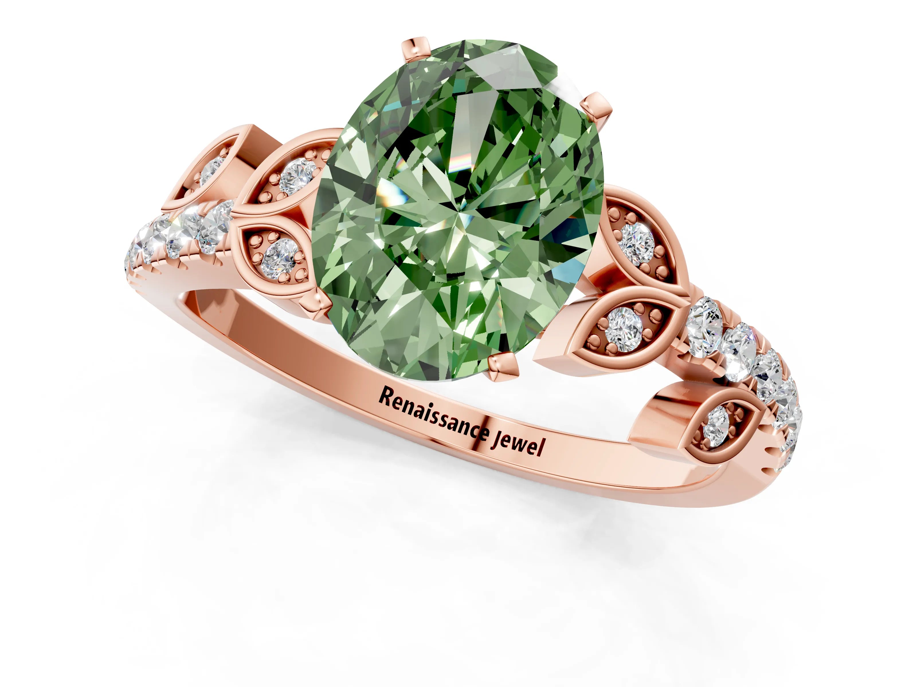 Rose gold Fancy Green Oval Cut Solitaire Leaf-Inspired Diamond Ring with Pavé Band and Four-Prong Setting_1
