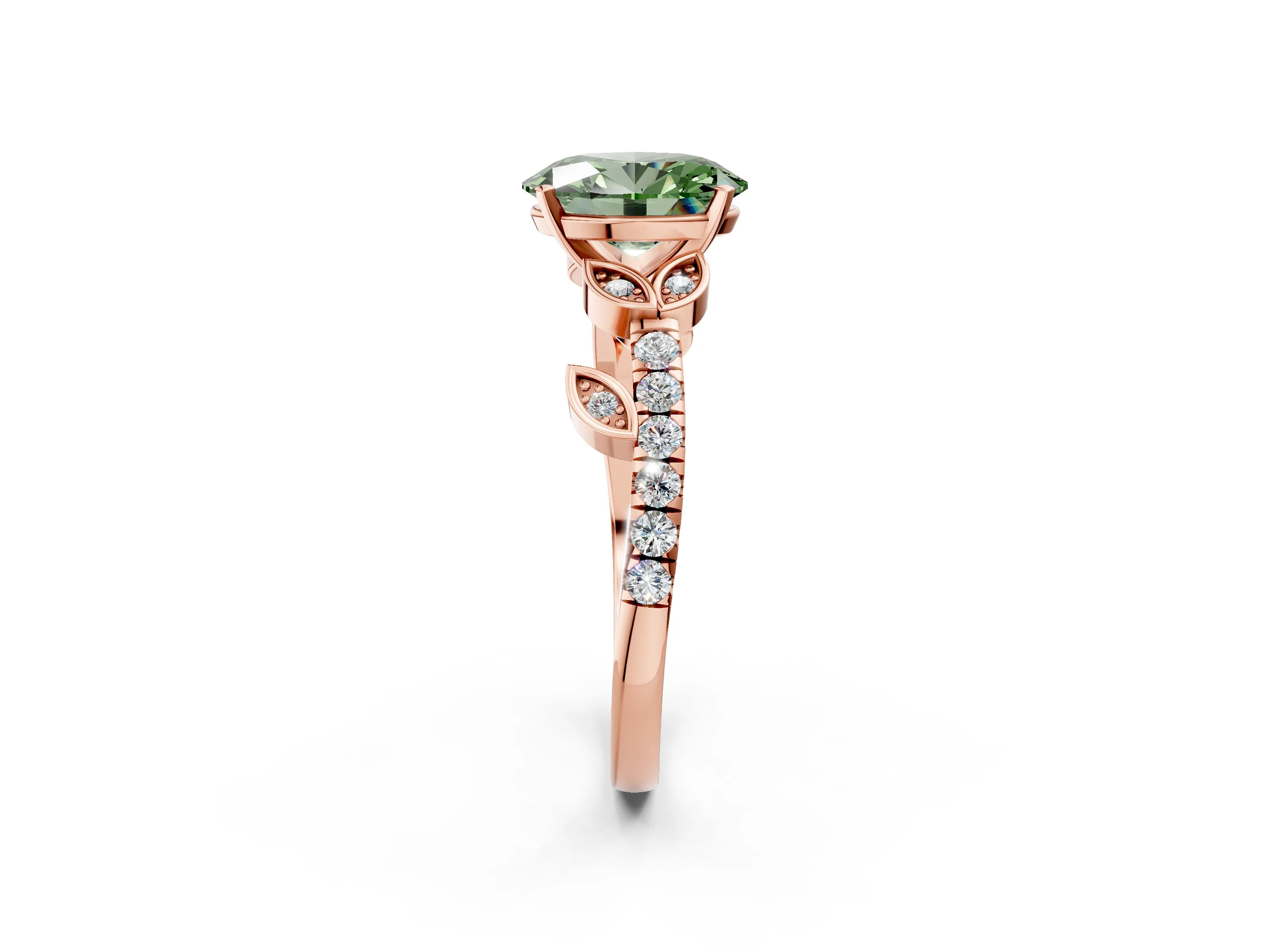 Rose gold Fancy Green Oval Cut Solitaire Leaf-Inspired Diamond Ring with Pavé Band and Four-Prong Setting_2