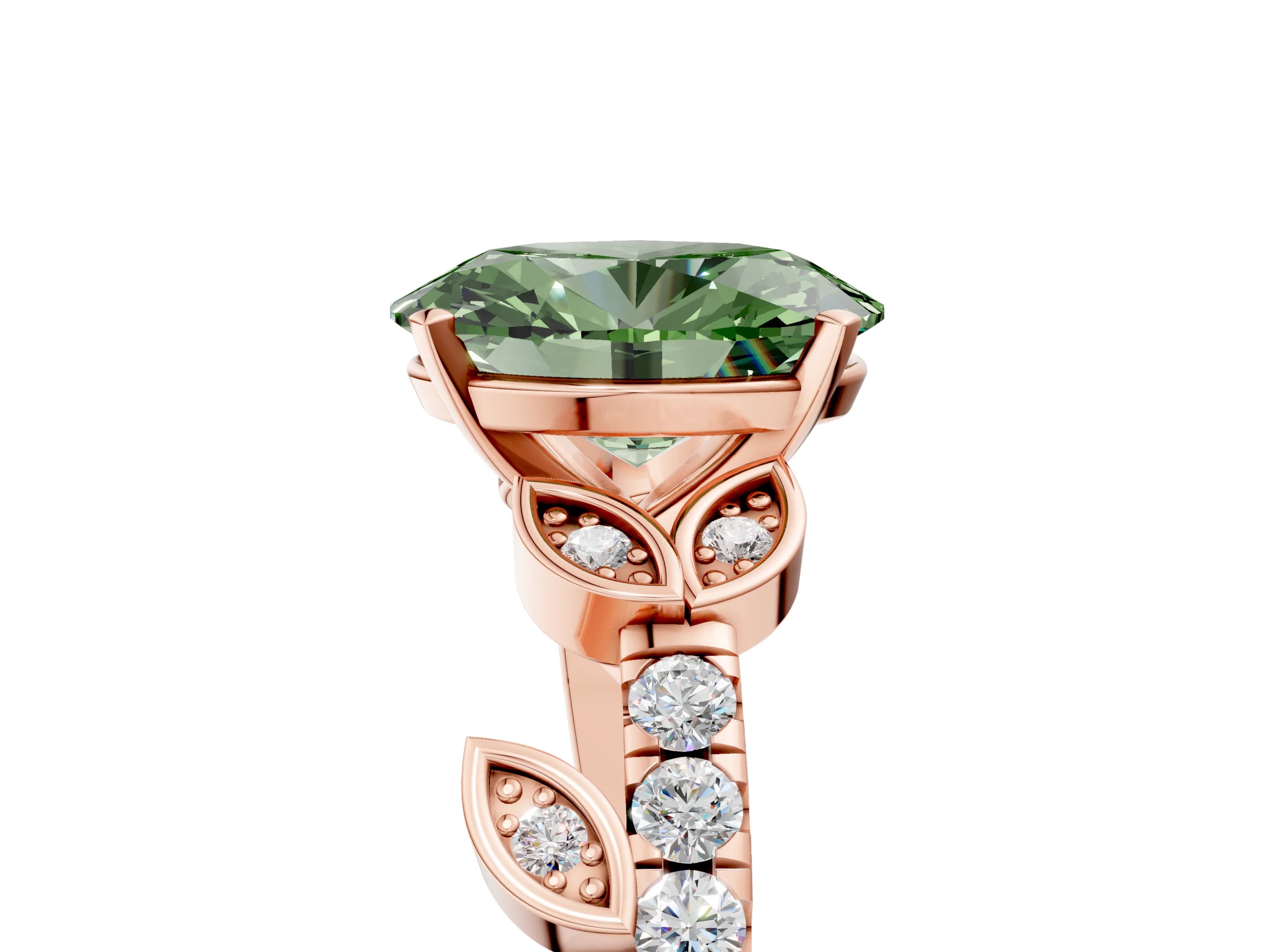 Rose gold Fancy Green Oval Cut Solitaire Leaf-Inspired Diamond Ring with Pavé Band and Four-Prong Setting_5