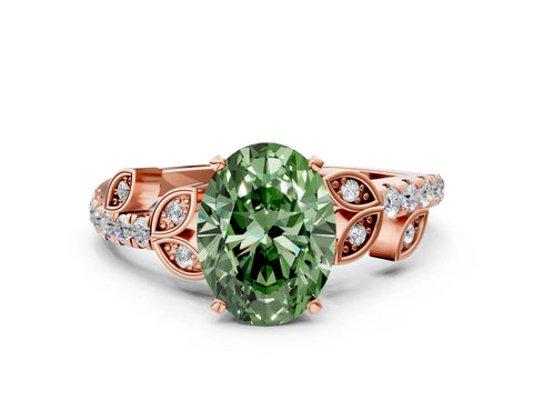 Rose gold Fancy Green Oval Cut Solitaire Leaf-Inspired Diamond Ring with Pavé Band and Four-Prong Setting
