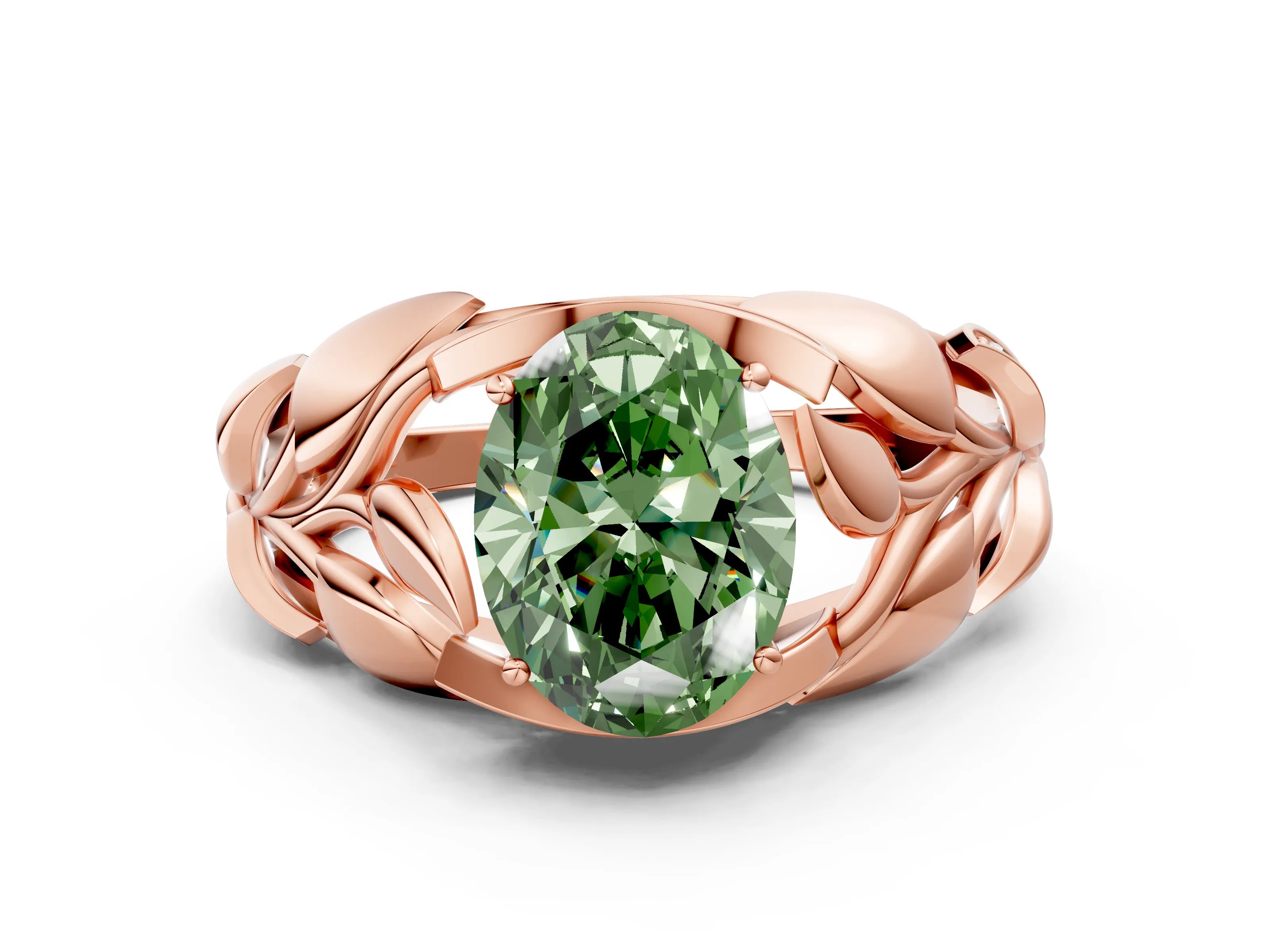 Rose gold Fancy Green Oval Cut Solitaire Leaf-Inspired Engagement Ring with Prong Setting