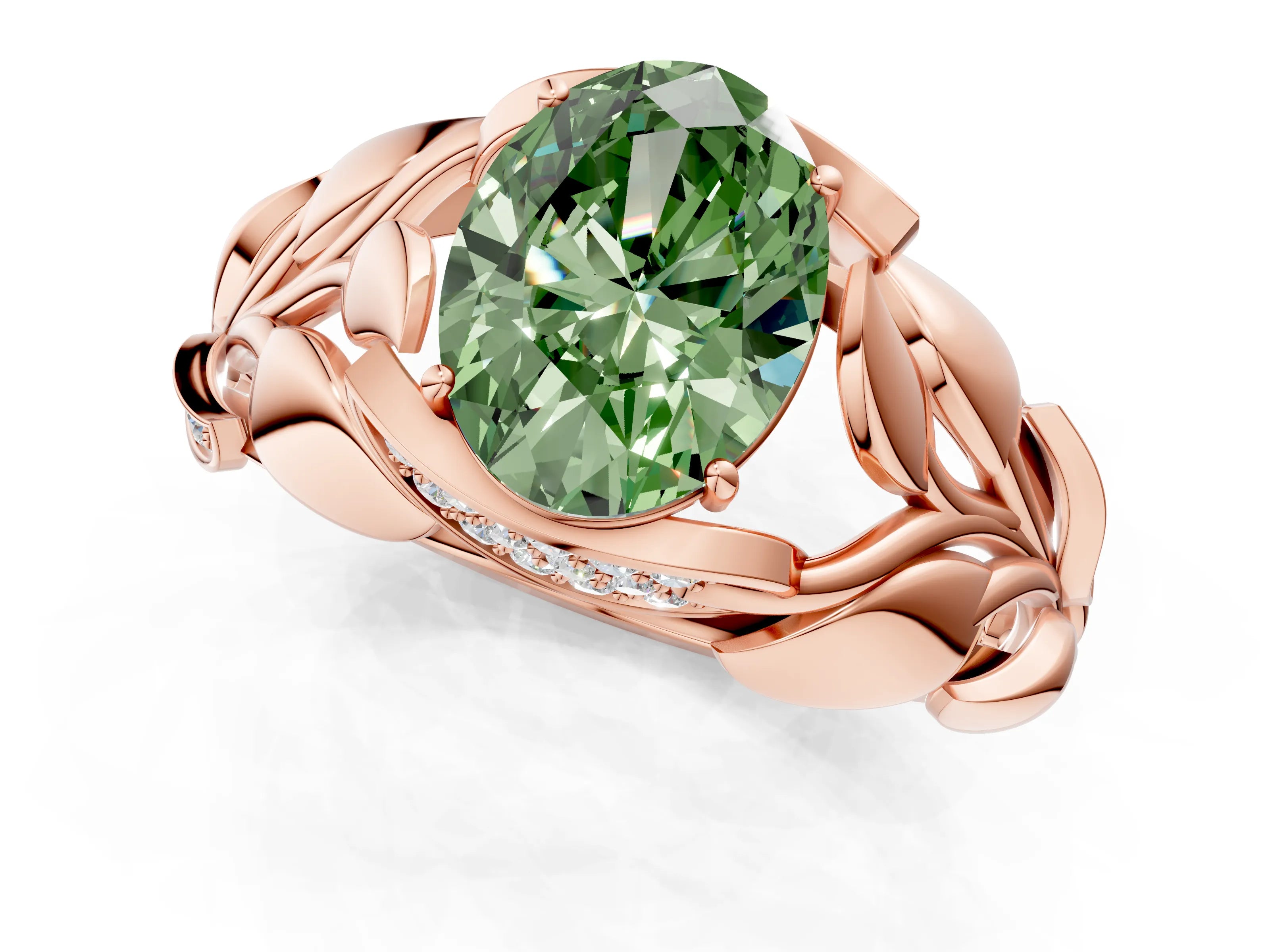 Rose gold Fancy Green Oval Cut Solitaire Leaf-Inspired Engagement Ring with Prong Setting_1