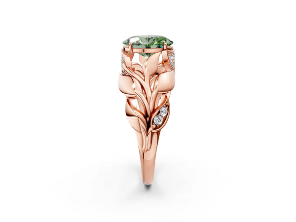 Rose Gold Oval Leaf Bypass Engagement Ring Setting for Fancy Green Center with Pave Leaf Panels