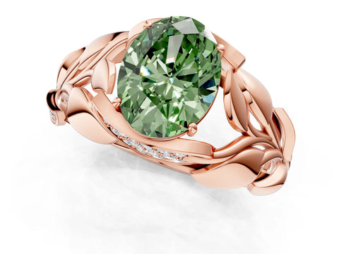 Rose gold Fancy Green Oval Cut Solitaire Leaf-Inspired Engagement Ring with Prong Setting_1