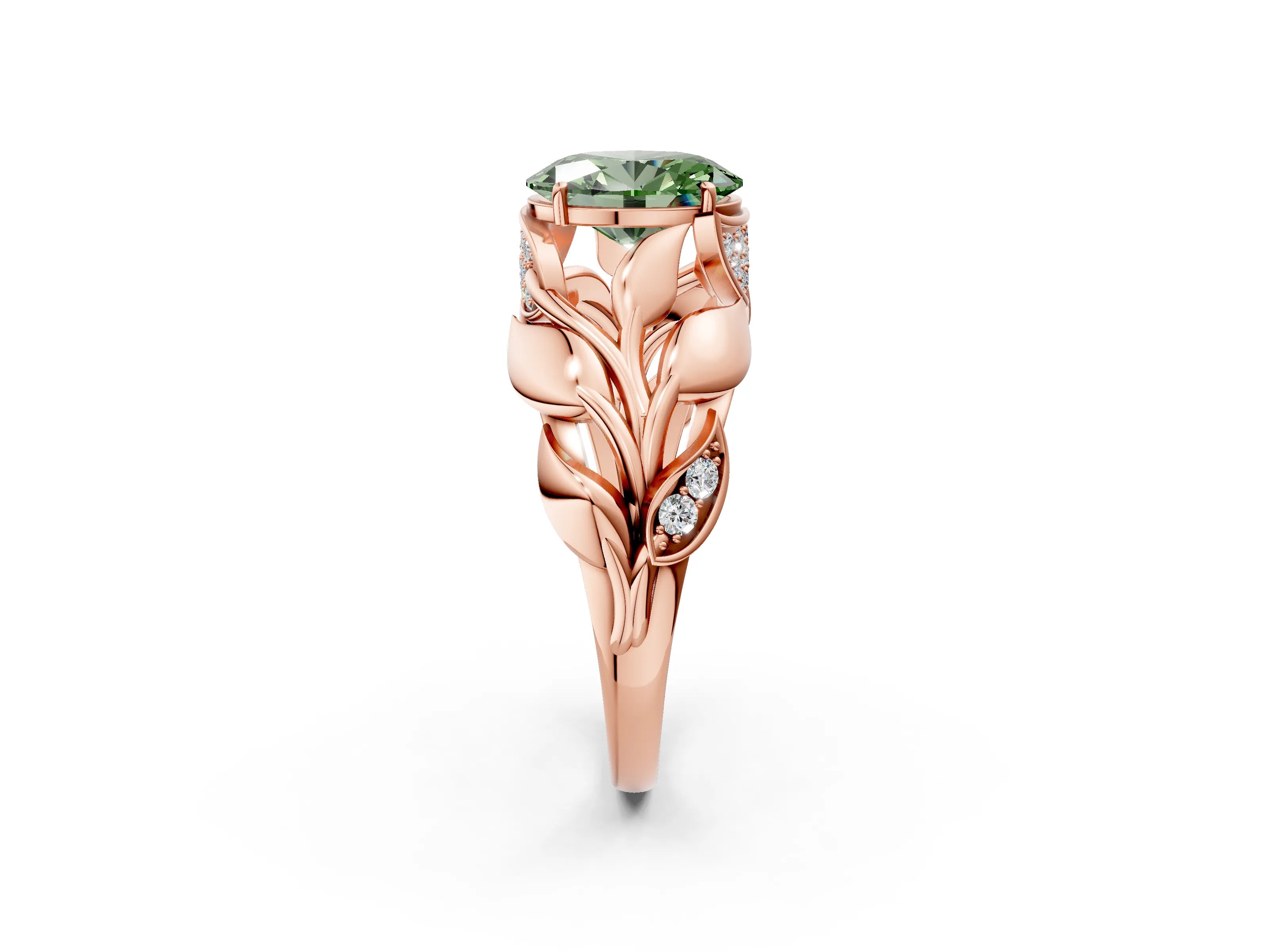 Rose gold Fancy Green Oval Cut Solitaire Leaf-Inspired Engagement Ring with Prong Setting_2