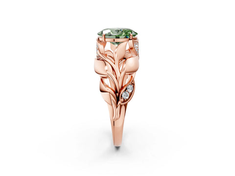 Rose gold Fancy Green Oval Cut Solitaire Leaf-Inspired Engagement Ring with Prong Setting_2