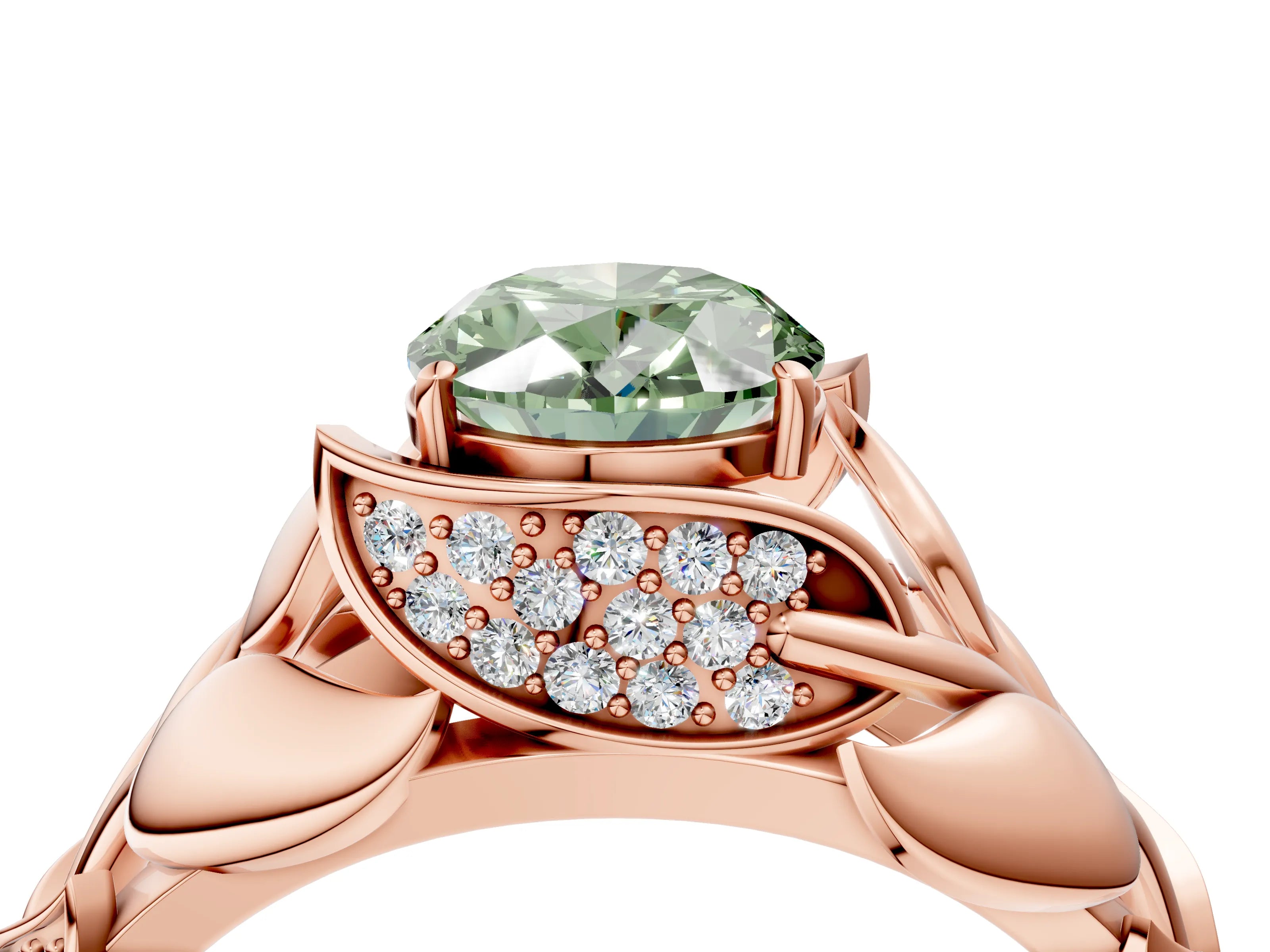 Rose gold Fancy Green Oval Cut Solitaire Leaf-Inspired Engagement Ring with Prong Setting_4