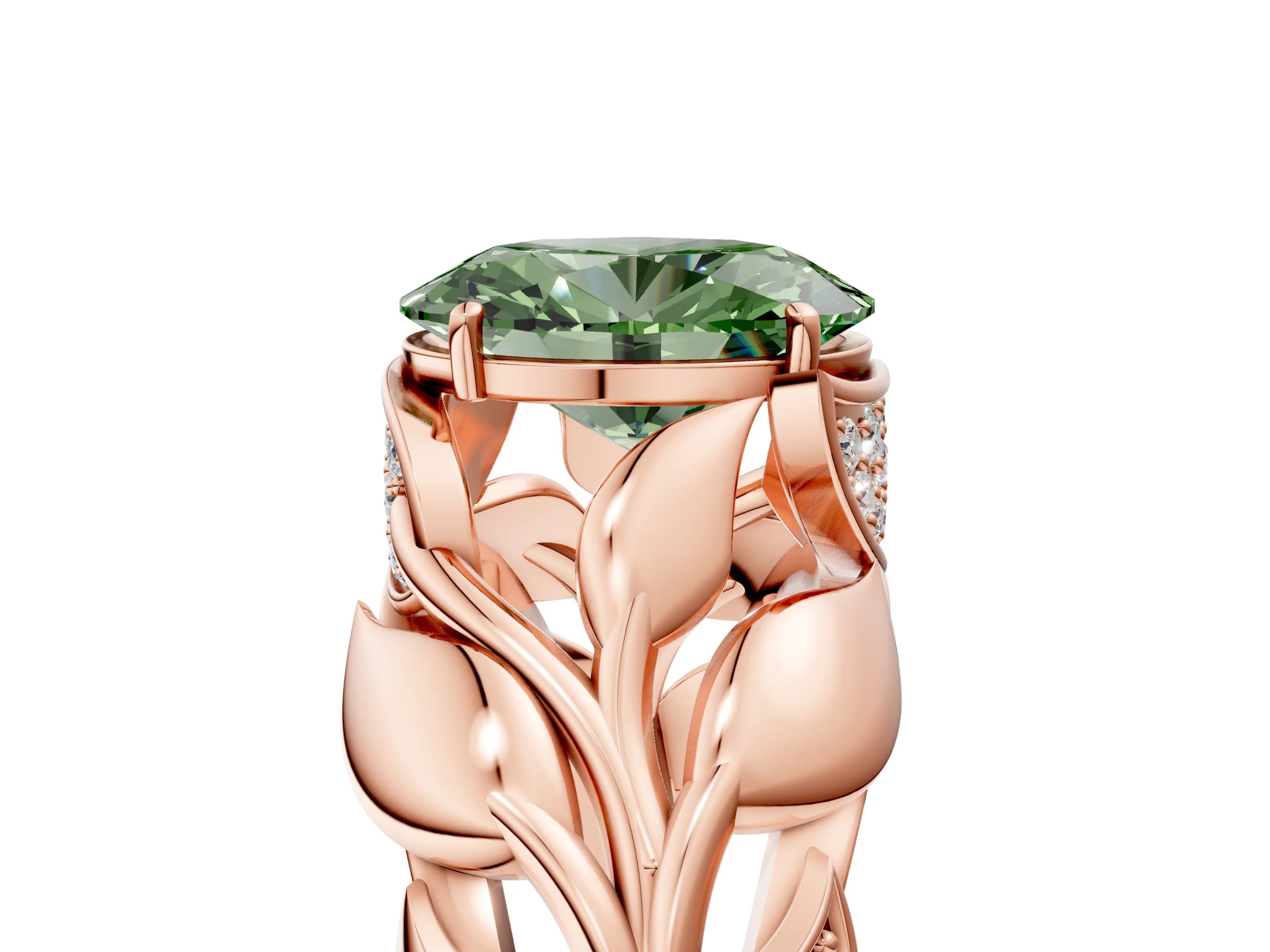 Rose gold Fancy Green Oval Cut Solitaire Leaf-Inspired Engagement Ring with Prong Setting_5