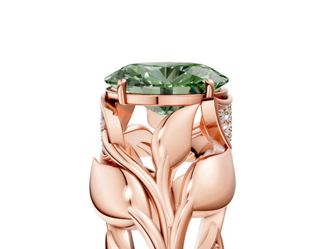 Rose gold Fancy Green Oval Cut Solitaire Leaf-Inspired Engagement Ring with Prong Setting_5