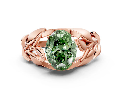 Rose gold Fancy Green Oval Cut Solitaire Leaf-Inspired Engagement Ring with Prong Setting
