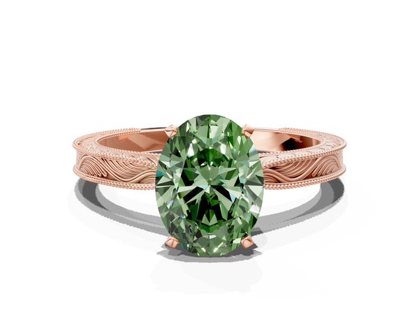Rose gold Fancy Green Oval Cut Solitaire Milgrain Engraved Band with Four-Prong Setting