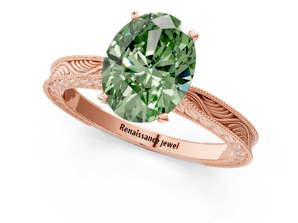 Rose gold Fancy Green Oval Cut Solitaire Milgrain Engraved Band with Four-Prong Setting