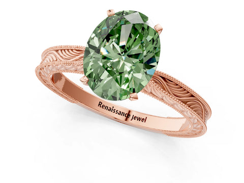 Rose gold Fancy Green Oval Cut Solitaire Milgrain Engraved Band with Four-Prong Setting_1