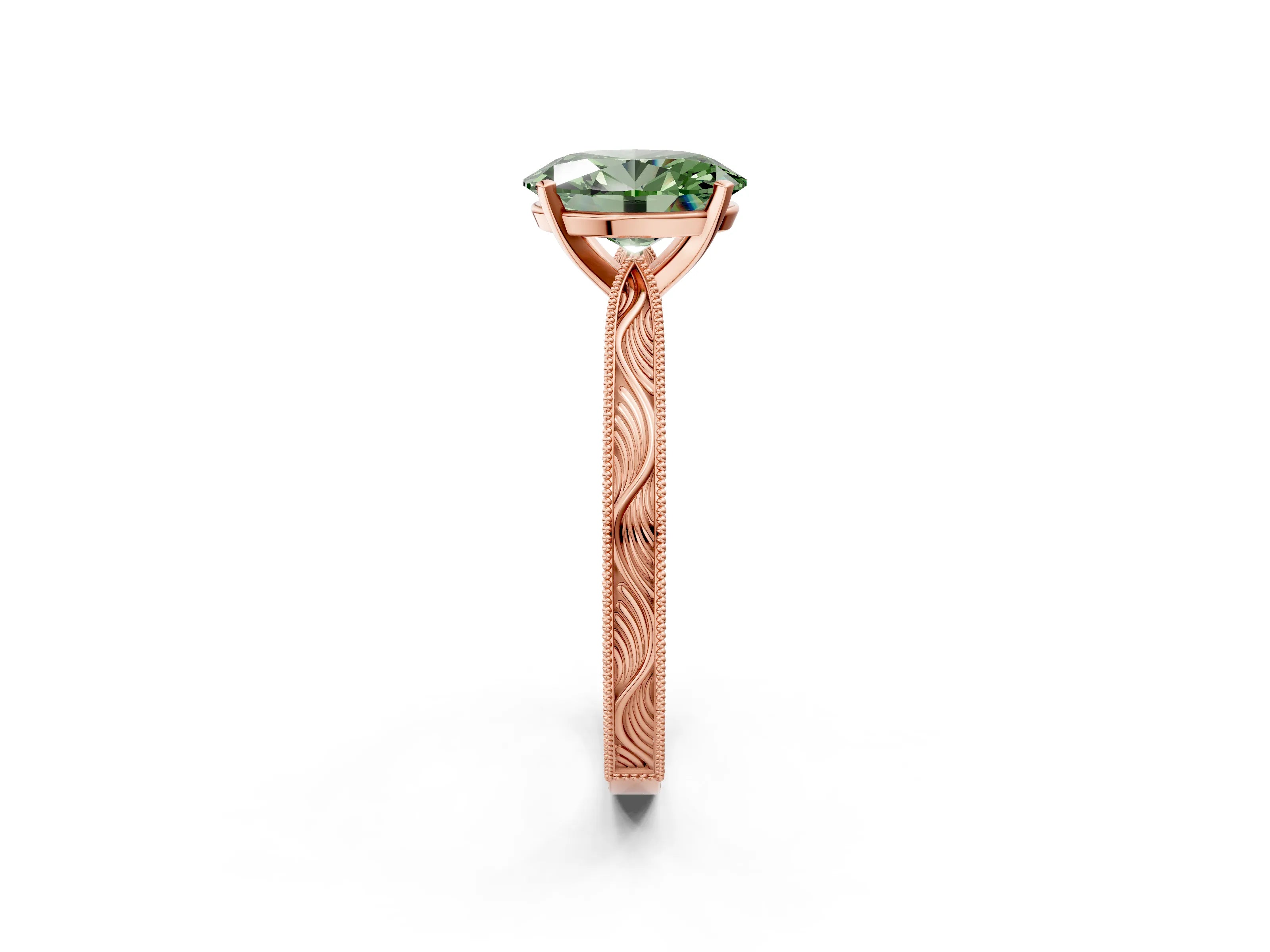 Rose gold Fancy Green Oval Cut Solitaire Milgrain Engraved Band with Four-Prong Setting_2