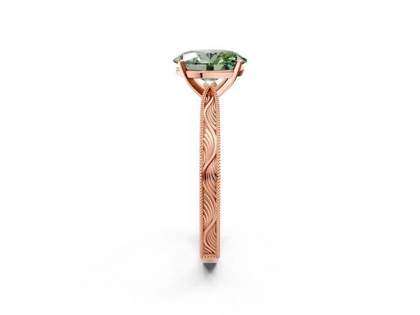 Rose gold Fancy Green Oval Cut Solitaire Milgrain Engraved Band with Four-Prong Setting