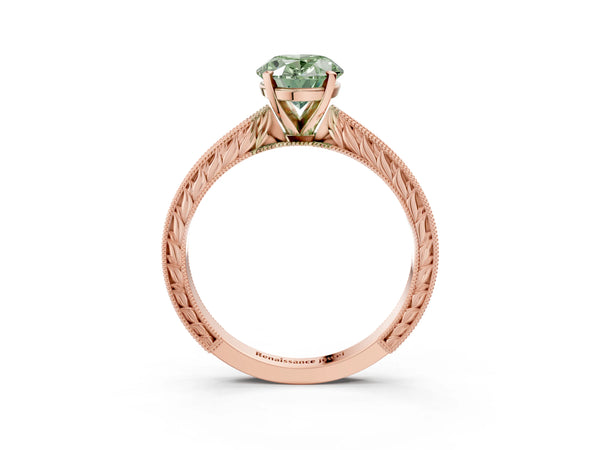 Rose gold Fancy Green Oval Cut Solitaire Milgrain Engraved Band with Four-Prong Setting