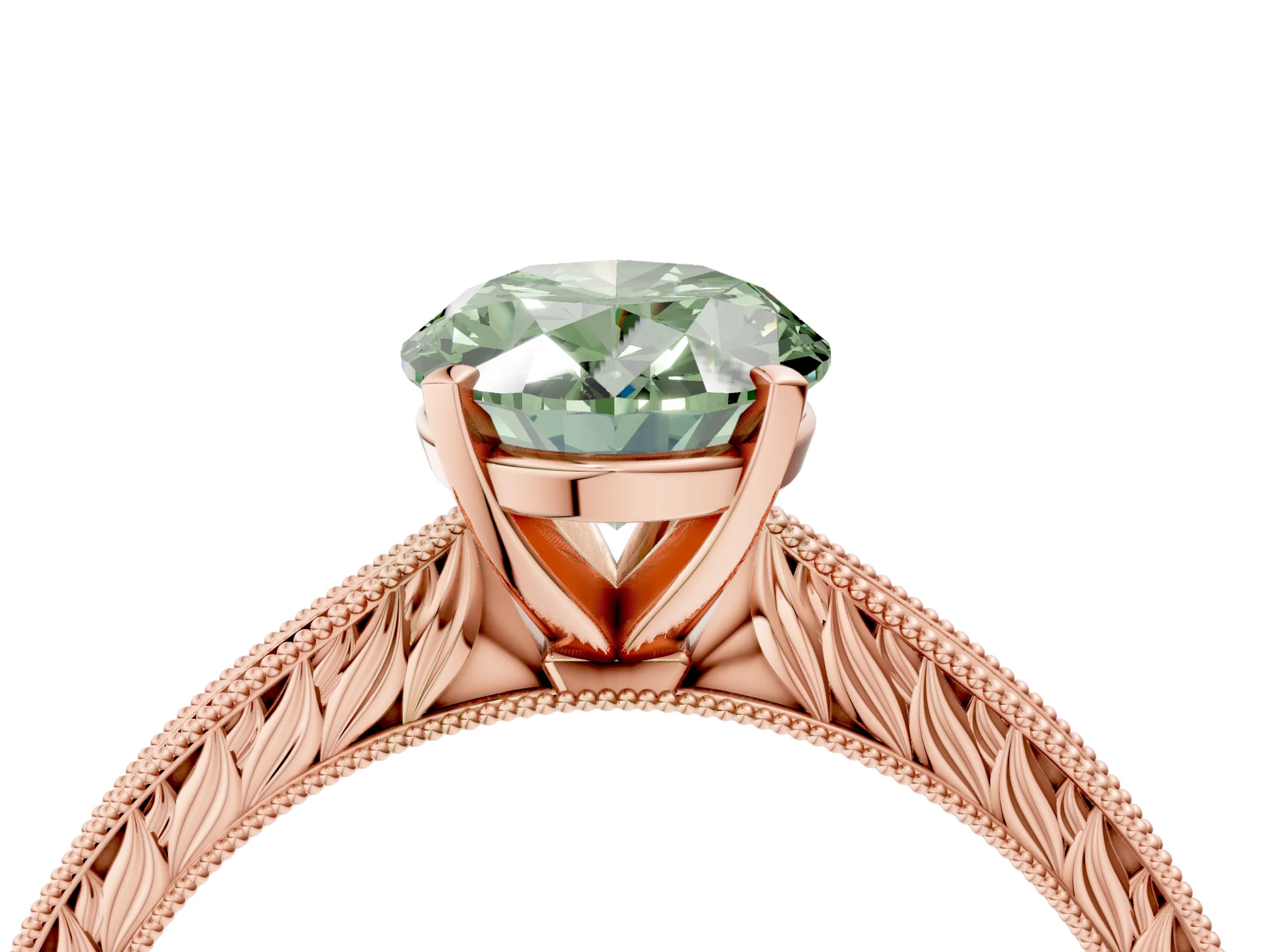 Rose gold Fancy Green Oval Cut Solitaire Milgrain Engraved Band with Four-Prong Setting_4