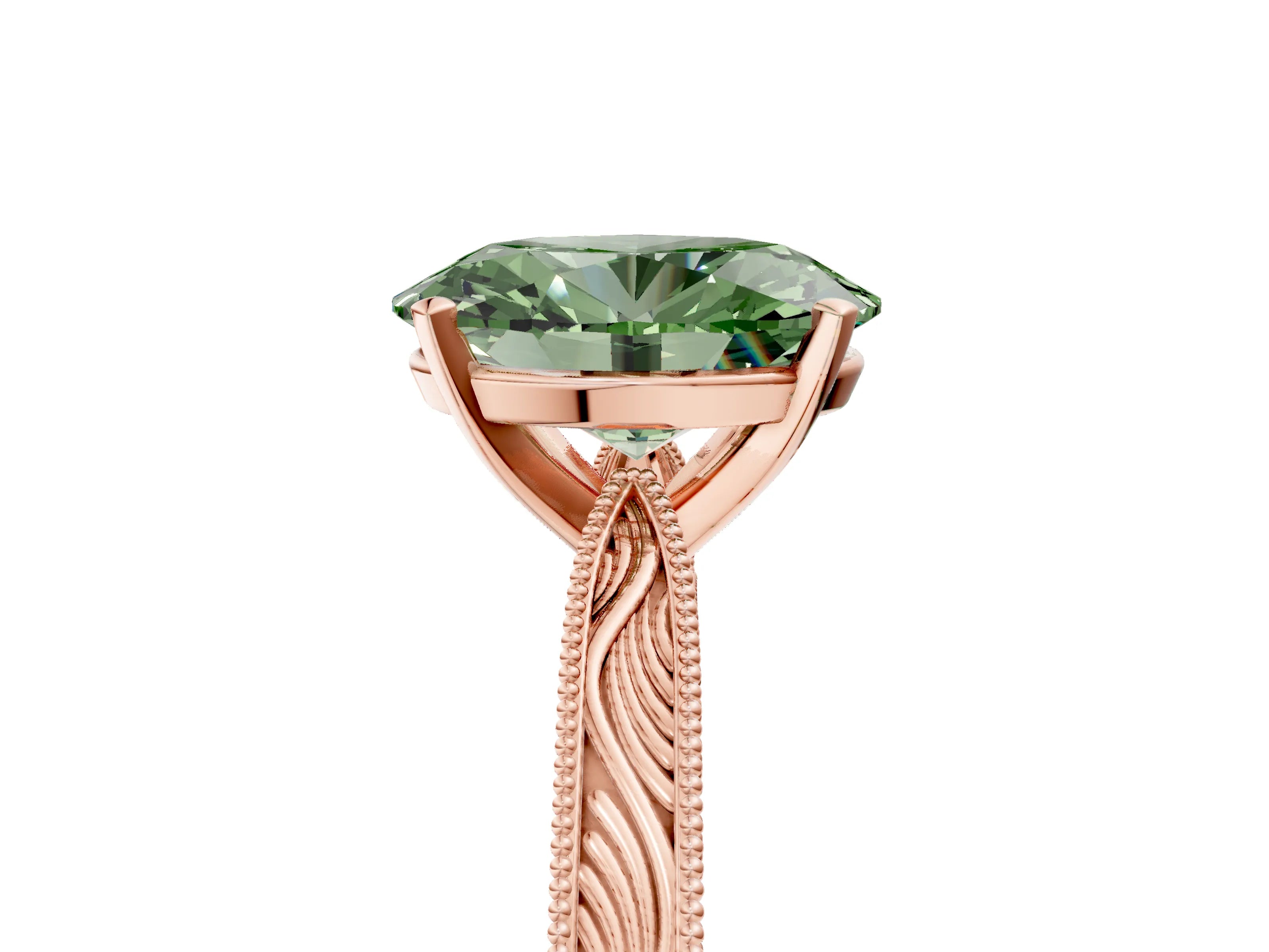 Rose gold Fancy Green Oval Cut Solitaire Milgrain Engraved Band with Four-Prong Setting_5
