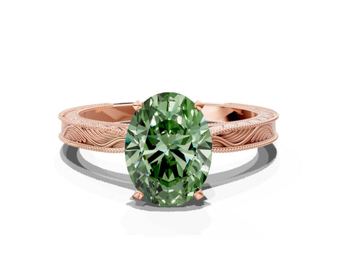 Rose gold Fancy Green Oval Cut Solitaire Milgrain Engraved Band with Four-Prong Setting