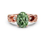 Rose gold Fancy Green Oval Cut Solitaire Milgrain Leaf Band with Prong Setting
