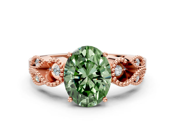 Rose Gold Oval Vintage Solitaire Engagement Ring Setting for Fancy Green Center