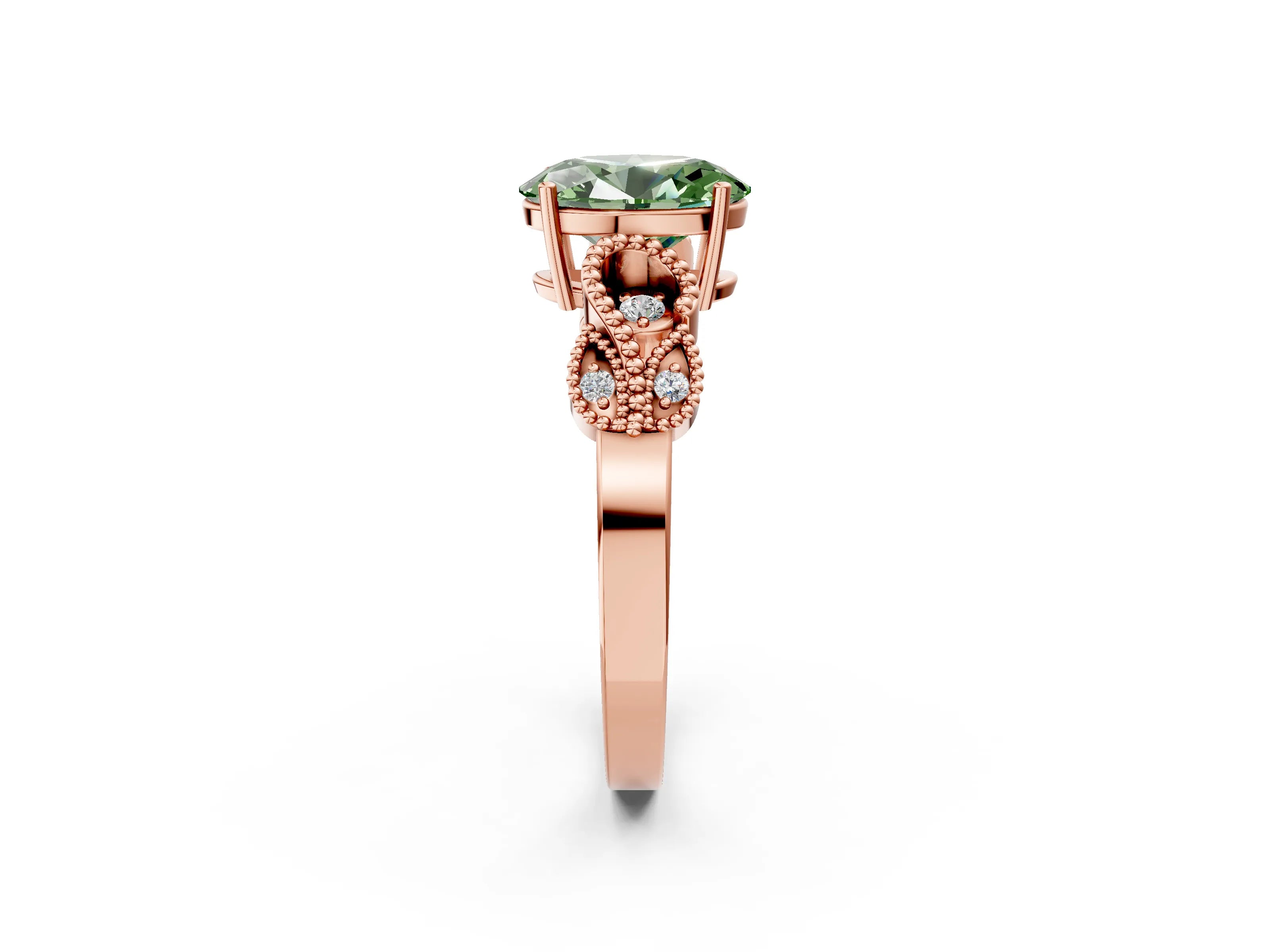 Rose gold Fancy Green Oval Cut Solitaire Milgrain Leaf Band with Prong Setting_2