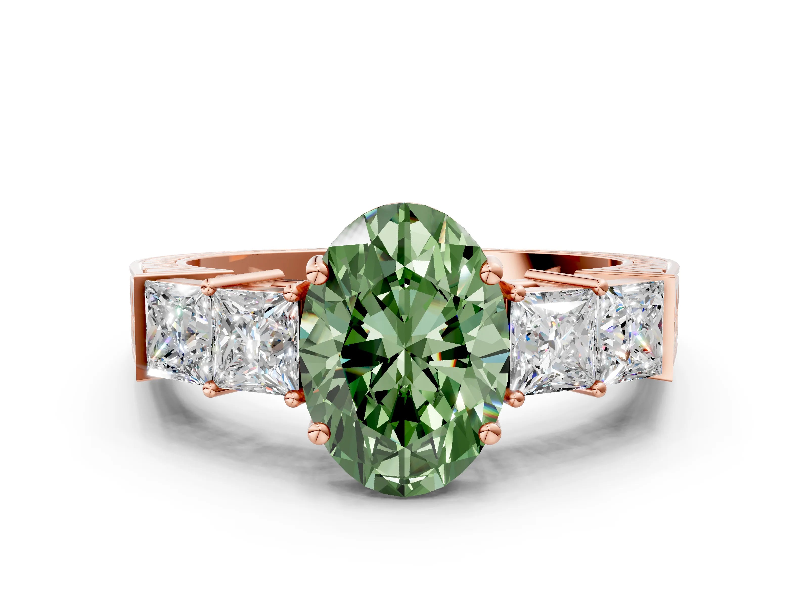 Rose gold Fancy Green Oval Cut Solitaire Princess Side Stone Engraved Band Prong Setting Ring