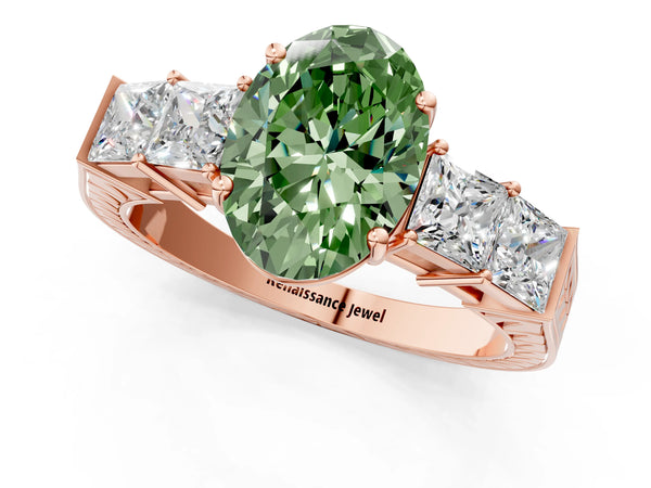 Rose gold Fancy Green Oval Cut Solitaire Princess Side Stone Engraved Band Prong Setting Ring
