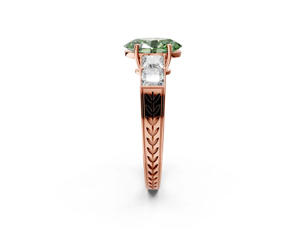 Rose gold Fancy Green Oval Cut Solitaire Princess Side Stone Engraved Band Prong Setting Ring