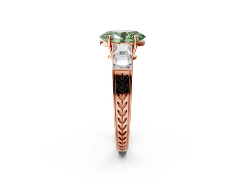 Rose gold Fancy Green Oval Cut Solitaire Princess Side Stone Engraved Band Prong Setting Ring_2