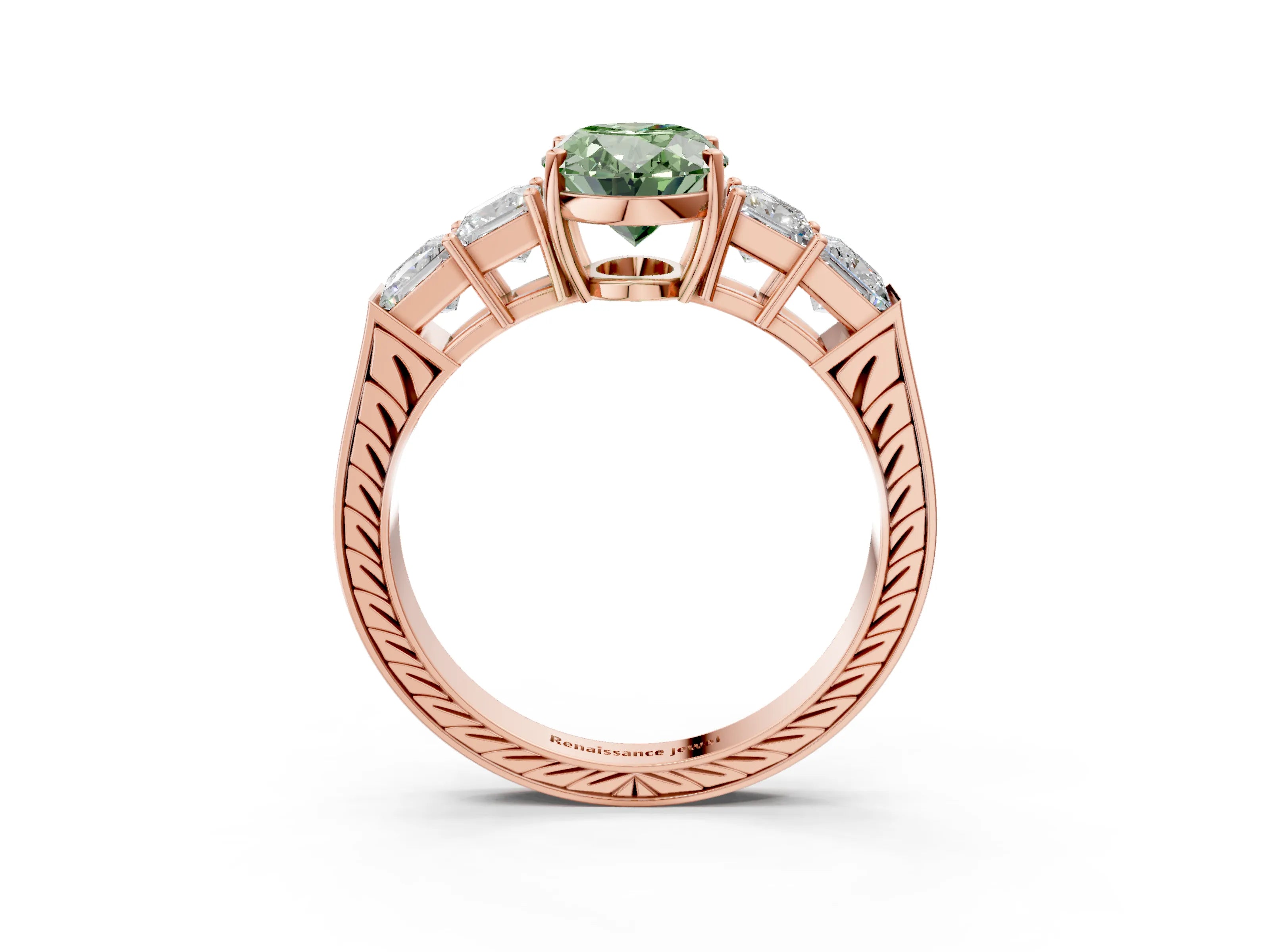 Rose gold Fancy Green Oval Cut Solitaire Princess Side Stone Engraved Band Prong Setting Ring_3