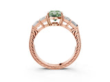 Rose gold Fancy Green Oval Cut Solitaire Princess Side Stone Engraved Band Prong Setting Ring_3