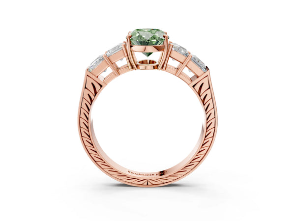 Rose gold Fancy Green Oval Cut Solitaire Princess Side Stone Engraved Band Prong Setting Ring