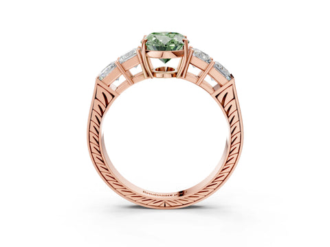 Rose gold Fancy Green Oval Cut Solitaire Princess Side Stone Engraved Band Prong Setting Ring_3