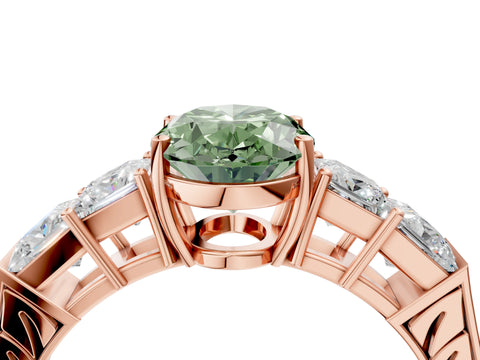 Rose gold Fancy Green Oval Cut Solitaire Princess Side Stone Engraved Band Prong Setting Ring_4