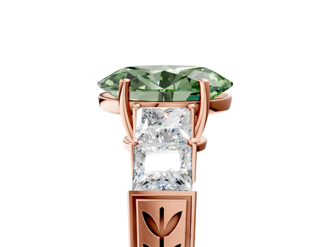 Rose gold Fancy Green Oval Cut Solitaire Princess Side Stone Engraved Band Prong Setting Ring_5