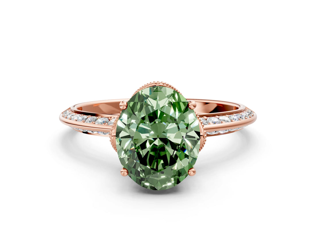 Rose gold Fancy Green Oval Cut Solitaire Split Shank Pave Diamond Engagement Ring with Four-Prong Setting