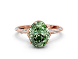 Rose gold Fancy Green Oval Cut Solitaire Split Shank Pave Diamond Engagement Ring with Four-Prong Setting