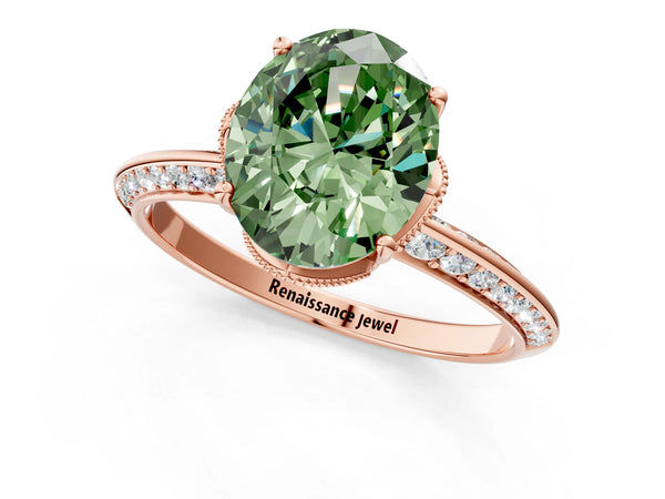 Rose Gold Oval Graduated Pave Engagement Ring Setting for Fancy Green Center