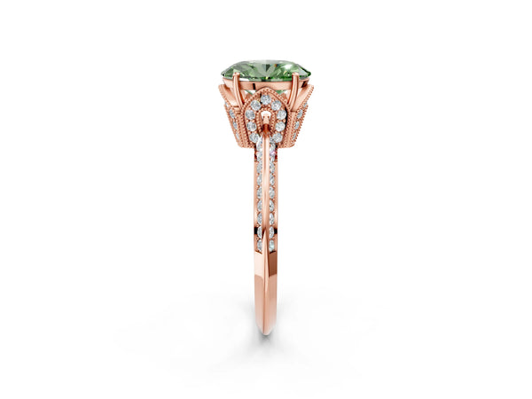 Rose Gold Oval Graduated Pave Engagement Ring Setting for Fancy Green Center