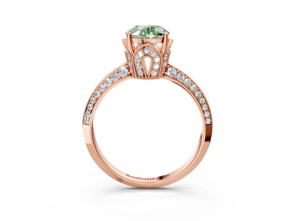 Rose Gold Oval Graduated Pave Engagement Ring Setting for Fancy Green Center