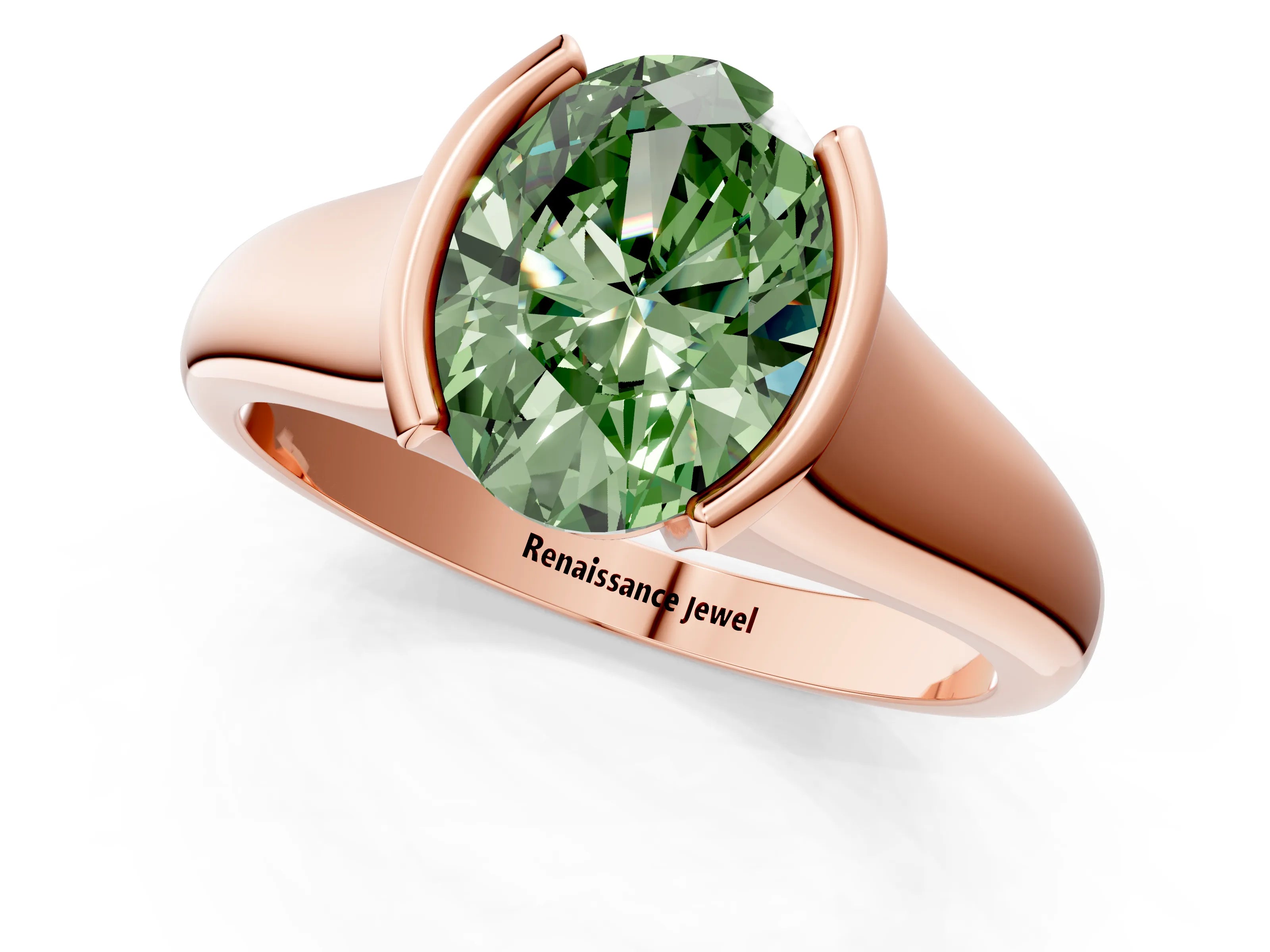 Rose gold Fancy Green Oval Cut Solitaire Tension Set Diamond Ring with Split Shank Band_1
