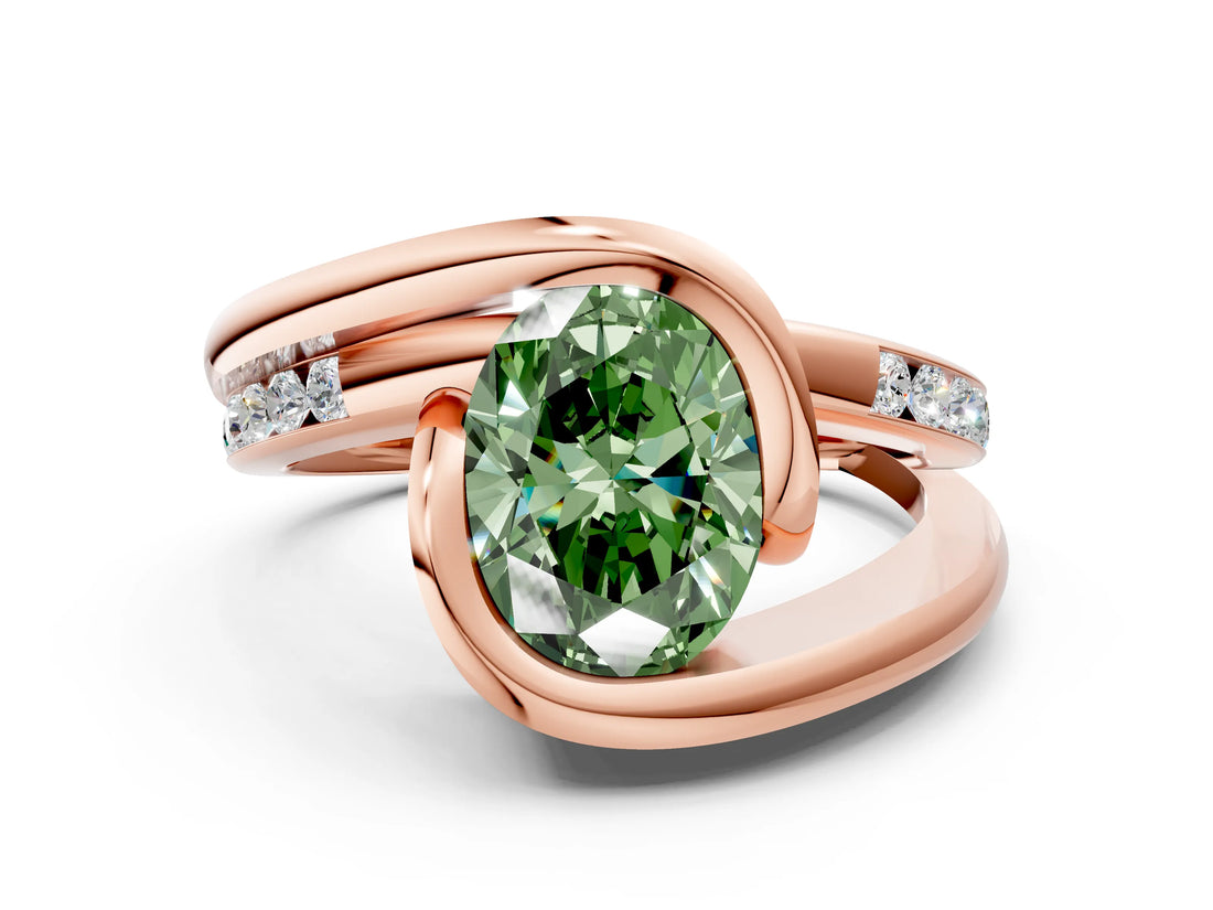 Rose gold Fancy Green Oval Cut Solitaire Tension-Set Diamond Split Shank Ring
