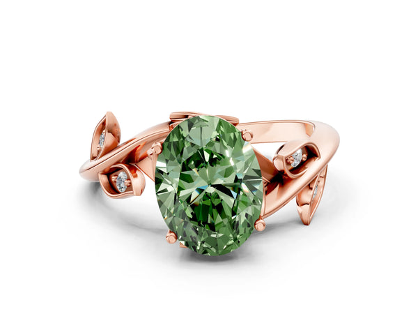 Rose gold Fancy Green Oval Cut Solitaire Twist Engagement Ring with Leaf Accents and Prong Setting