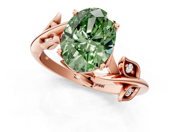 Rose gold Fancy Green Oval Cut Solitaire Twist Engagement Ring with Leaf Accents and Prong Setting