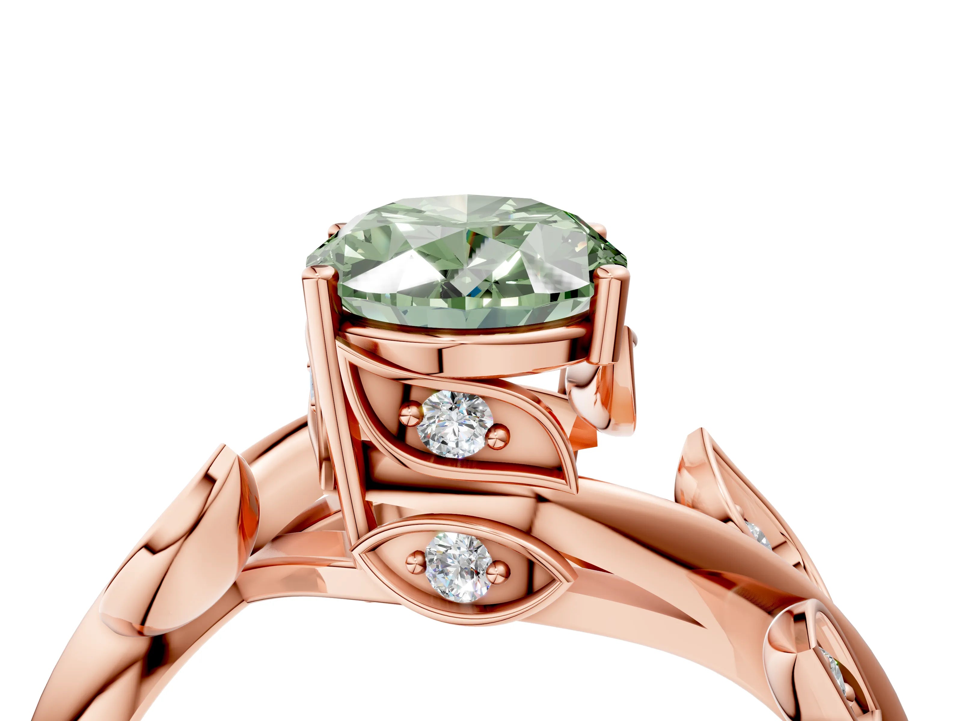 Rose gold Fancy Green Oval Cut Solitaire Twist Engagement Ring with Leaf Accents and Prong Setting_16
